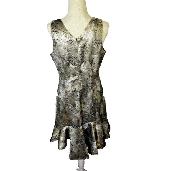 Natori Metallic Jacquard Dress Size 8 | Silver Gold Sleeveless Cocktail Party - Picture 3 of 10